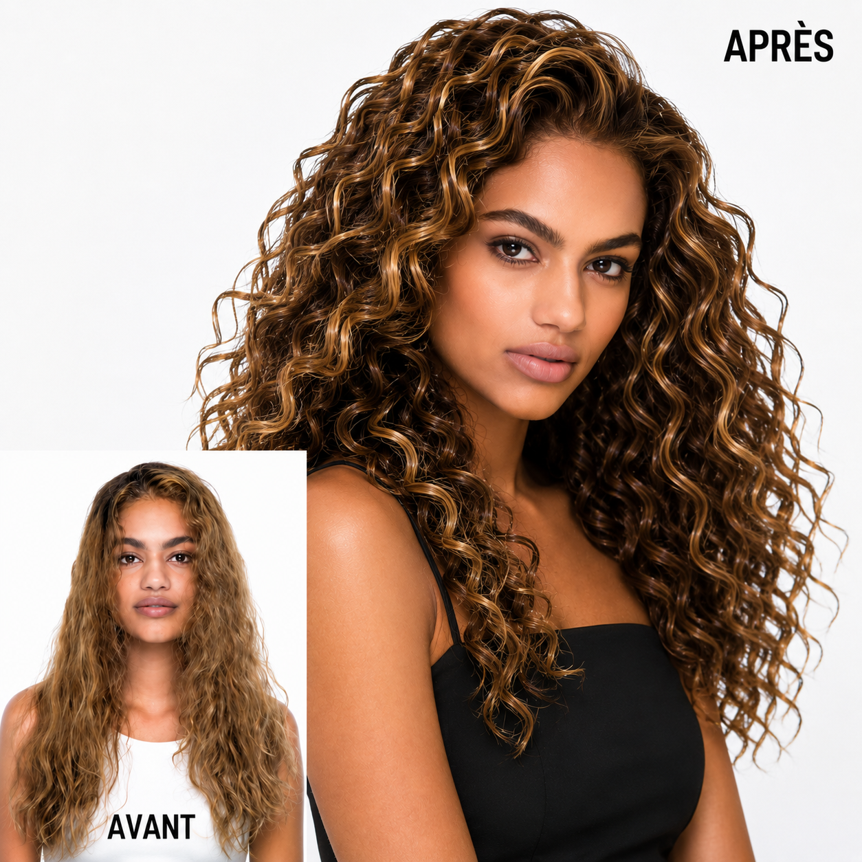 Avant/apr&egrave;s de cheveux ondul&eacute;s transform&eacute;s en boucles d&eacute;finies.